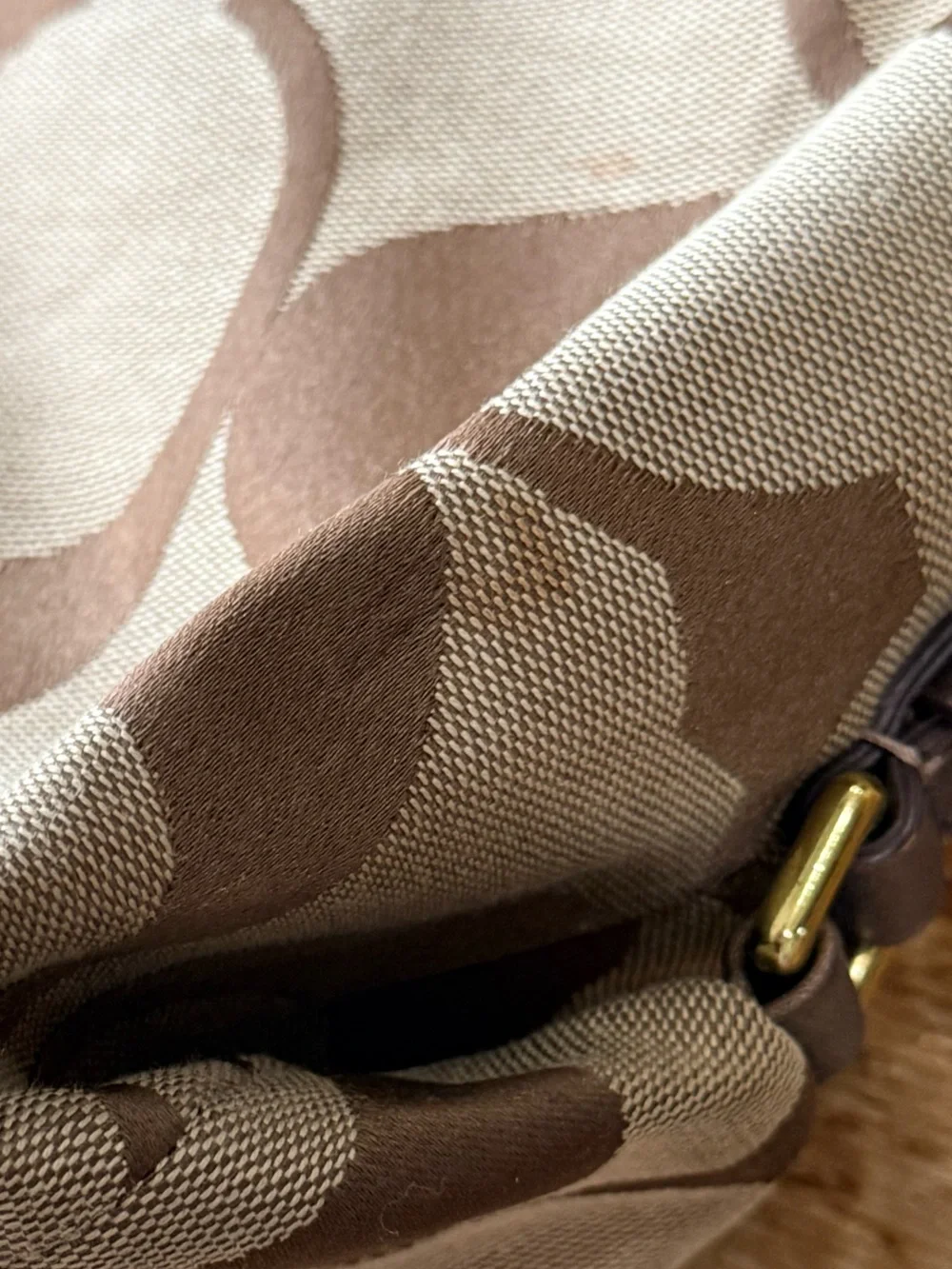 Coach Brown and Tan Canvas Shoulder Bag with Gold Hardware